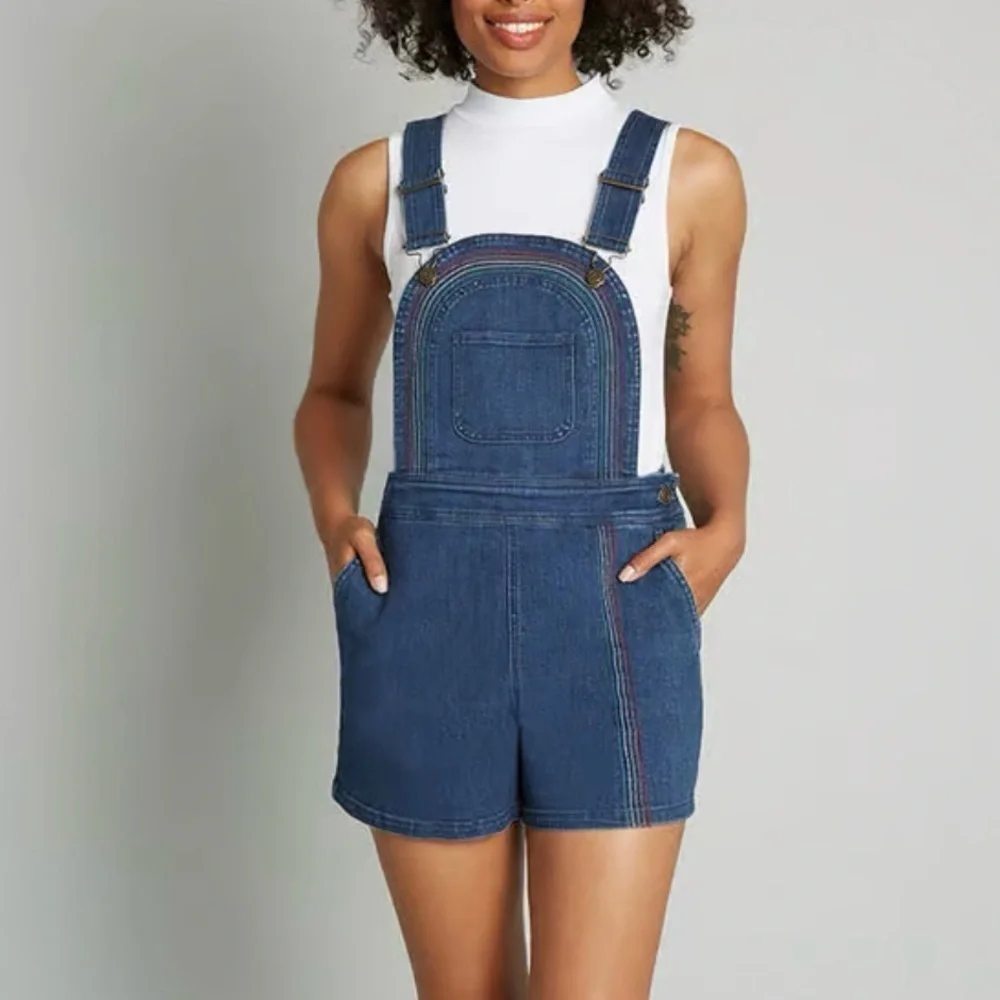 New ModCloth Bouncing Over The Rainbow Denim Shortalls